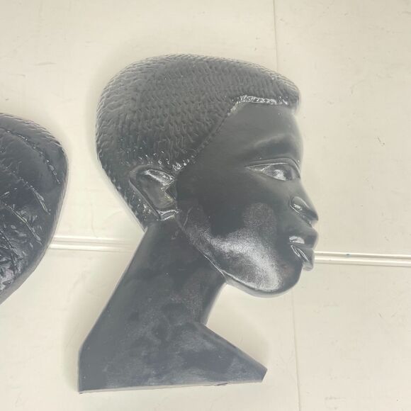 African Wall Art Carved Wood Painted‎ Black 7"x4" Ethnic Tribal Sculpture Busts - Picture 5 of 9